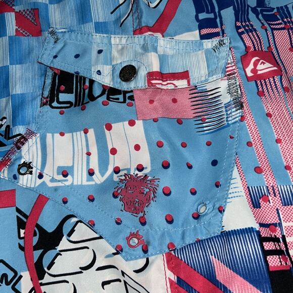 Quiksilver Blue and Pink Board Shorts Vibrant Patchwork Design Size 38 - Picture 3 of 7